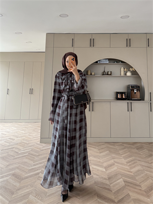 Vilde Fırfır Yaka Şifon Elbise Füme-Kahve (2006SV)