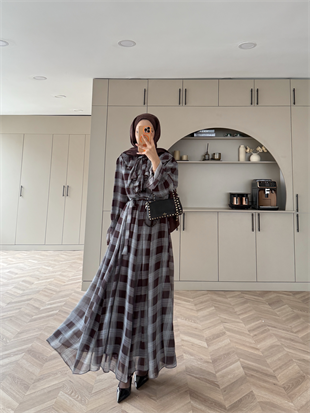 Vilde Fırfır Yaka Şifon Elbise Füme-Kahve (2006SV)