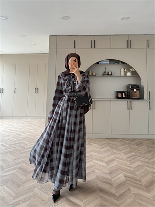 Vilde Fırfır Yaka Şifon Elbise Füme-Kahve (2006SV)