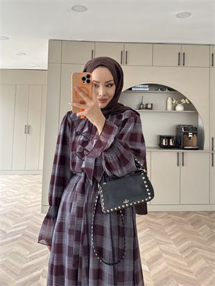 Vilde Fırfır Yaka Şifon Elbise Mürdüm (2006SV)