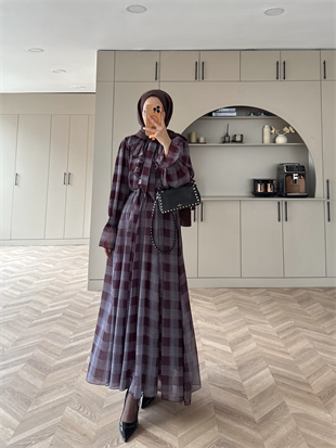 Vilde Fırfır Yaka Şifon Elbise Mürdüm (2006SV)