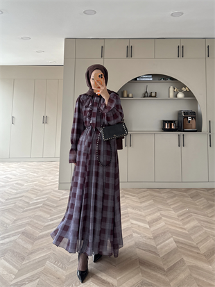 Vilde Fırfır Yaka Şifon Elbise Mürdüm (2006SV)