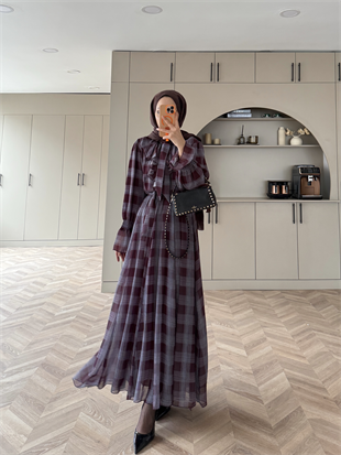 Vilde Fırfır Yaka Şifon Elbise Mürdüm (2006SV)