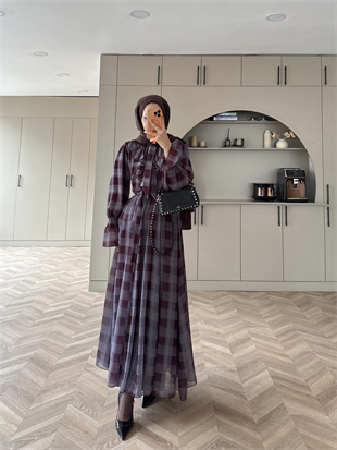 Vilde Fırfır Yaka Şifon Elbise Mürdüm (2006SV)