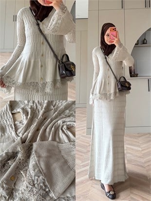 Viona Örme Dantel Detaylı Etekli Takım Bej (4021)