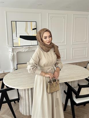 Voli Düğmeli Elbise Bej