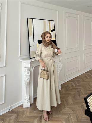 Voli Düğmeli Elbise Bej