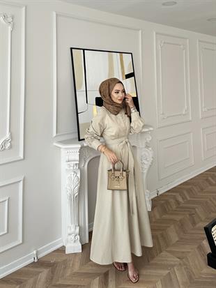 Voli Düğmeli Elbise Bej