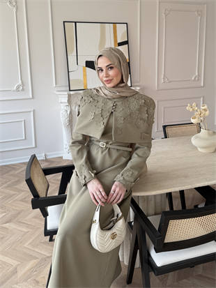 Warm Çiçek Baskılı Pelerin Elbise Haki (26092)