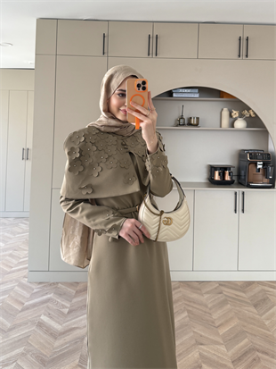 Warm Çiçek Baskılı Pelerin Elbise Haki (26092)