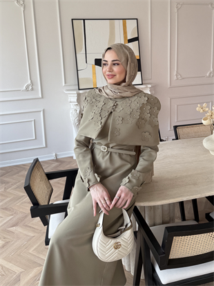 Warm Çiçek Baskılı Pelerin Elbise Haki (26092)