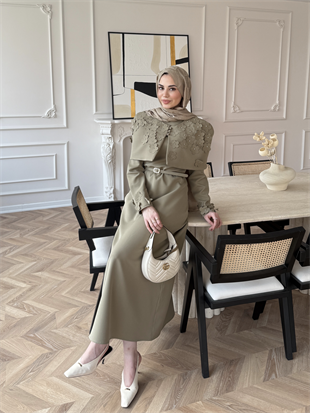 Warm Çiçek Baskılı Pelerin Elbise Haki (26092)