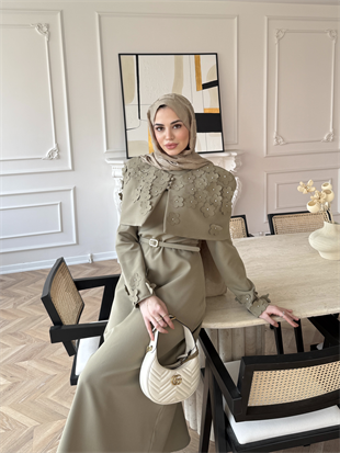 Warm Çiçek Baskılı Pelerin Elbise Haki (26092)