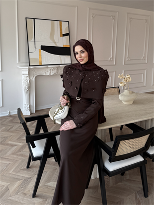 Warm Çiçek Baskılı Pelerinli Elbise Acı Kahve (26092)