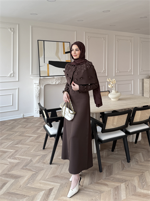 Warm Çiçek Baskılı Pelerinli Elbise Acı Kahve (26092)