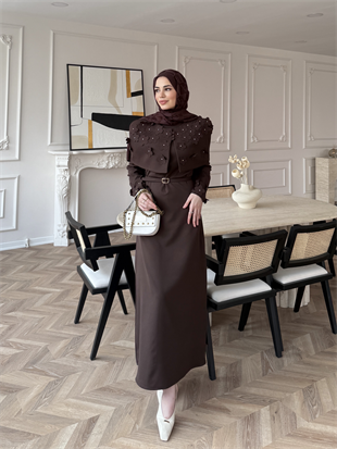 Warm Çiçek Baskılı Pelerinli Elbise Acı Kahve (26092)