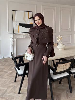 Warm Çiçek Baskılı Pelerinli Elbise Acı Kahve (26092)