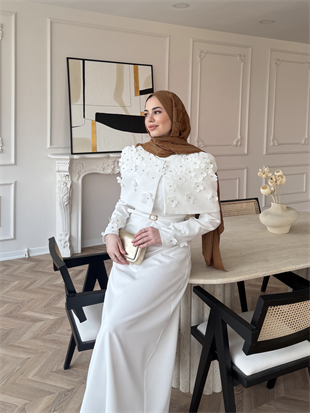 Warm Çiçek Baskılı Pelerinli Elbise Ekru (26092)