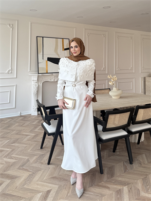 Warm Çiçek Baskılı Pelerinli Elbise Ekru (26092)