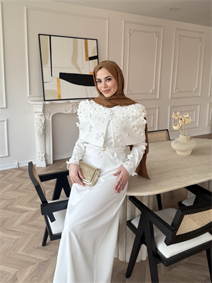 Warm Çiçek Baskılı Pelerinli Elbise Ekru (26092)