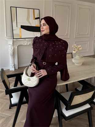 Warm Çiçek Baskılı Pelerinli Elbise Mürdüm (26092)