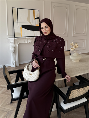 Warm Çiçek Baskılı Pelerinli Elbise Mürdüm (26092)