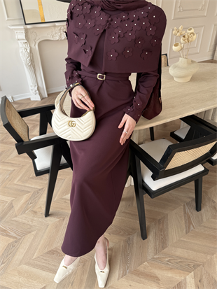 Warm Çiçek Baskılı Pelerinli Elbise Mürdüm (26092)