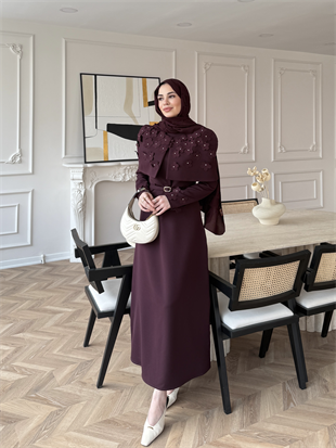 Warm Çiçek Baskılı Pelerinli Elbise Mürdüm (26092)