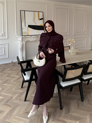 Warm Çiçek Baskılı Pelerinli Elbise Mürdüm (26092)