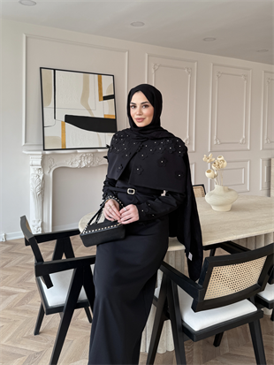 Warm Çiçek Baskılı Pelerinli Elbise Siyah (26092)