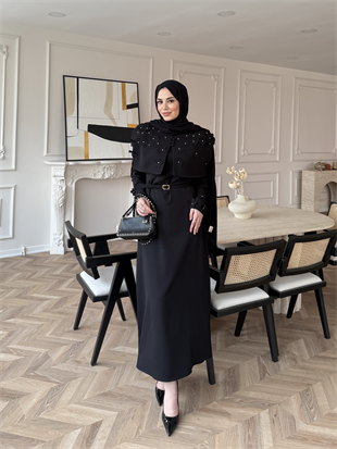 Warm Çiçek Baskılı Pelerinli Elbise Siyah (26092)