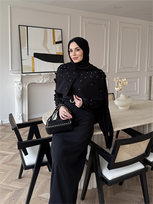 Warm Çiçek Baskılı Pelerinli Elbise Siyah (26092)