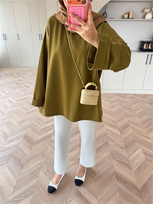 Yandan Yırtmaçlı Basıc Sweat Yağ Yeşili (2755)