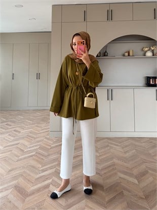 Yandan Yırtmaçlı Basıc Sweat Yağ Yeşili (2755)