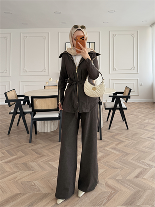 Yelena Fermuar Detaylı Pantolonlu Kot Takım Acı Kahve (629)