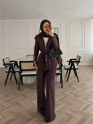Yelena Fermuar Detaylı Pantolonlu Kot Takım Bordo (629)