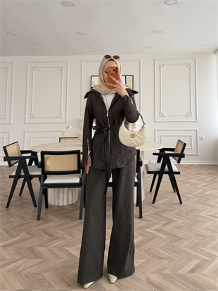 Yelena Fermuar Detaylı Pantolonlu Kot Takım Acı Kahve (629)