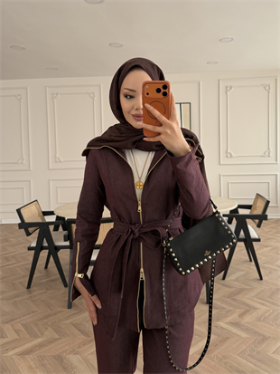 Yelena Fermuar Detaylı Pantolonlu Kot Takım Bordo (629)