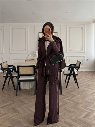 Yelena Fermuar Detaylı Pantolonlu Kot Takım Bordo (629)