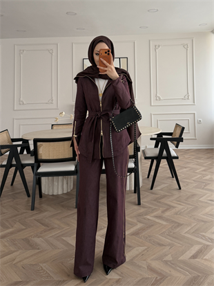 Yelena Fermuar Detaylı Pantolonlu Kot Takım Bordo (629)