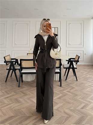 Yelena Fermuar Detaylı Pantolonlu Kot Takım Acı Kahve (629)