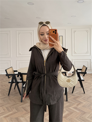 Yelena Fermuar Detaylı Pantolonlu Kot Takım Acı Kahve (629)