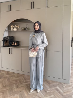 Yıldız Broş Detaylı Pantolon Takım Bebe Mavisi (3074)