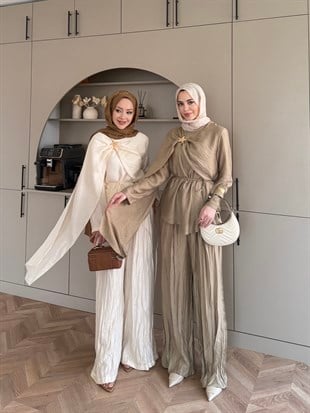 Yıldız Broş Detaylı Pantolonlu Takım Bej (3074) 