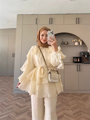 Yosun Fırfırı Pantolon Takım Ekru (4458)