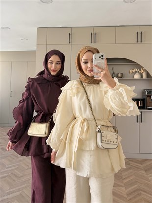 Yosun Fırfırı Pantolon Takım Ekru (4458)