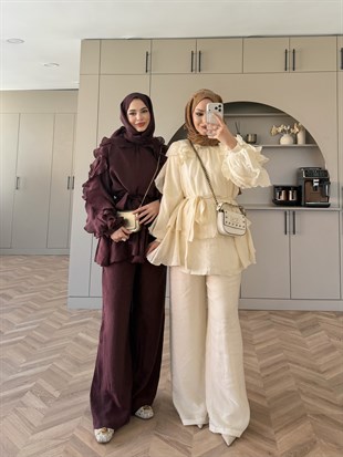 Yosun Fırfırı Pantolon Takım Ekru (4458)