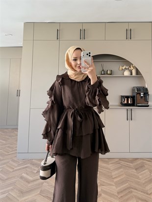 Yosun Fırfırlı Pantolon Takım Acı Kahve (4458)
