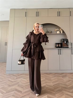Yosun Fırfırlı Pantolon Takım Acı Kahve (4458)