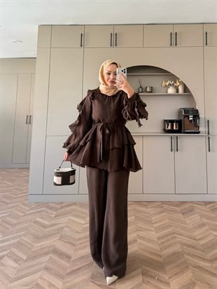 Yosun Fırfırlı Pantolon Takım Acı Kahve (4458)